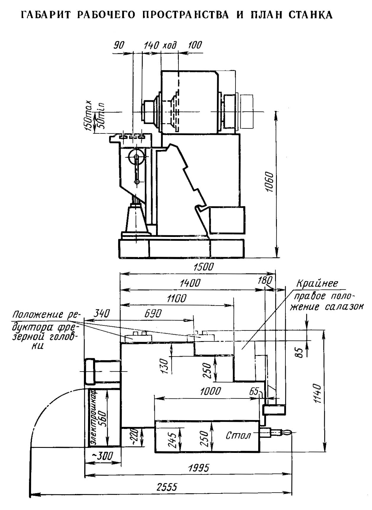 Габаритные розміри робочого простору шпоночно-фрезерного верстата 6Д92